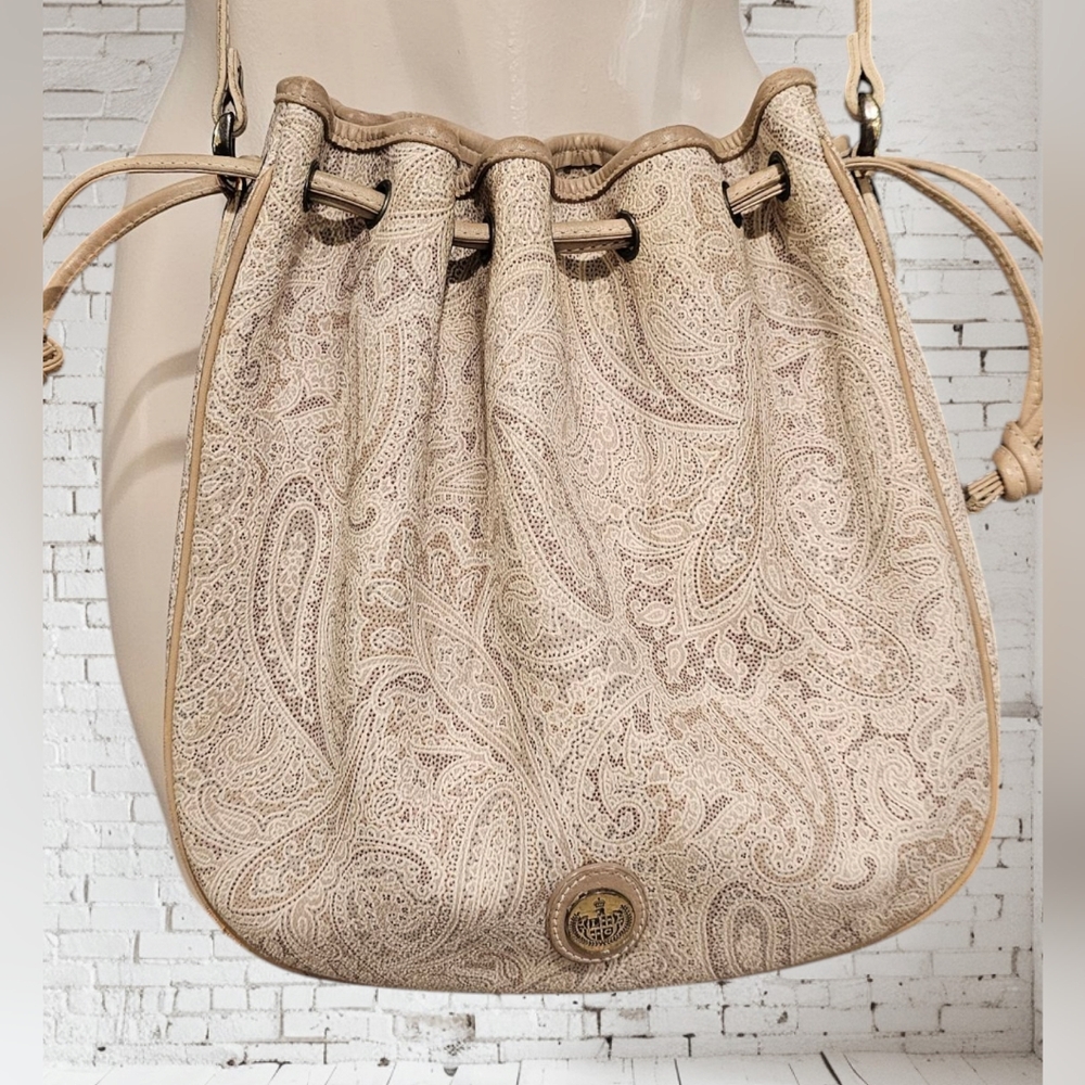 Vtg 80s LIZ CLAIBORNE Beige Paisley Leather Trim Drawstring Bucket Shoulder Bag